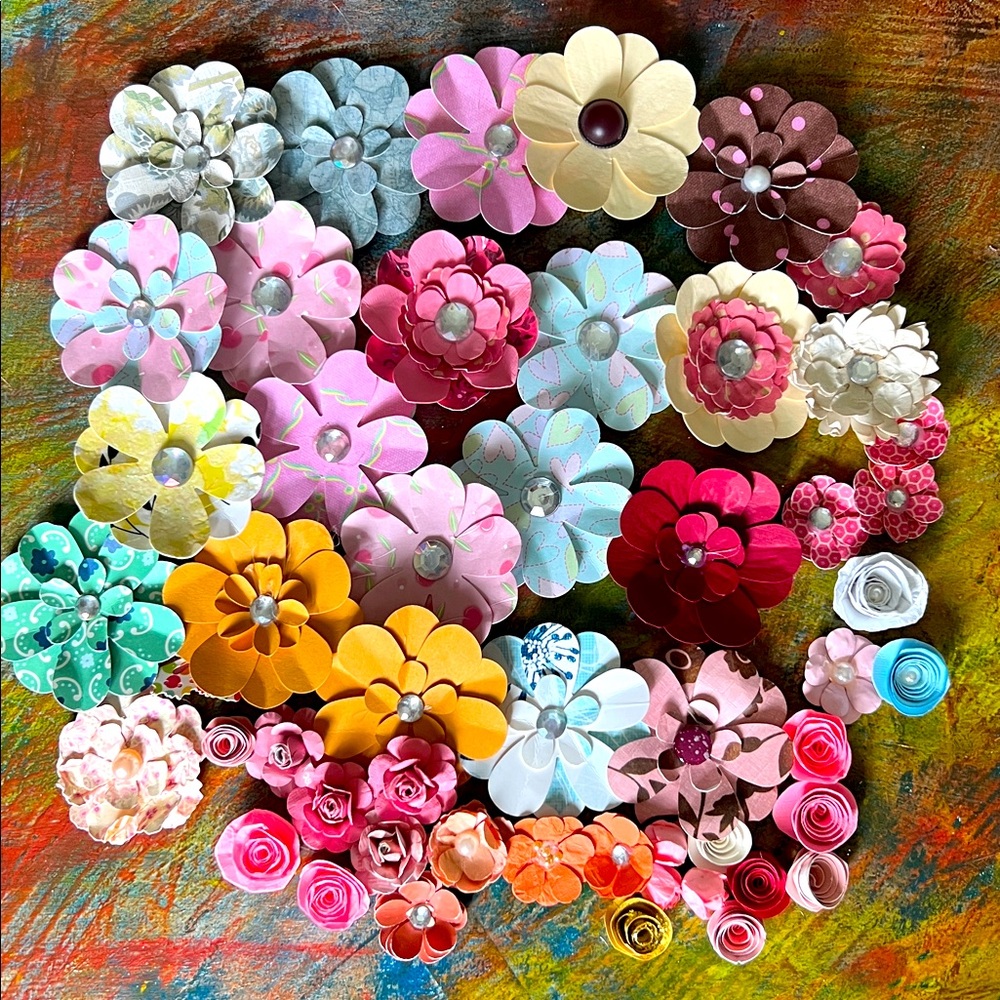 Handmade flowers paper crafted mixed color & size set of 50+ blooms bundle